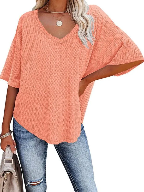 Chic V-Neck Waffle Knit Oversized Tee - Women's Summer Essential Top