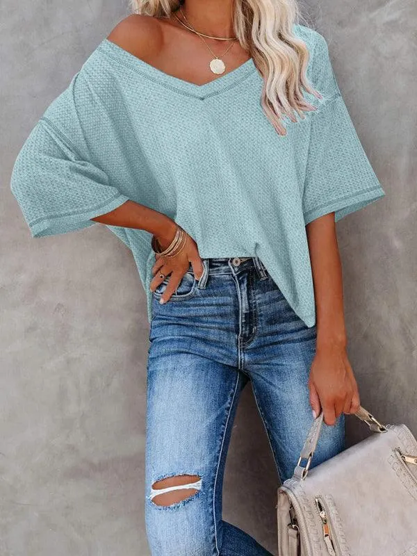 Chic V-Neck Waffle Knit Oversized Tee - Women's Summer Essential Top