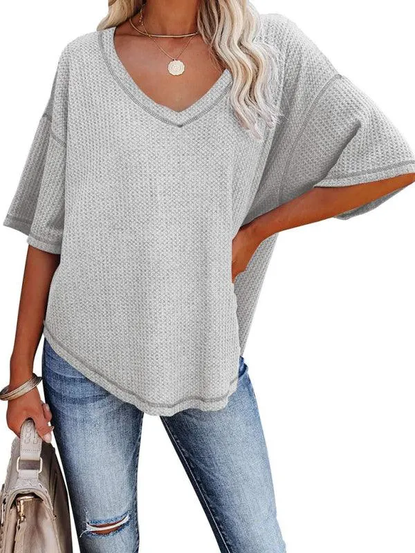 Chic V-Neck Waffle Knit Oversized Tee - Women's Summer Essential Top