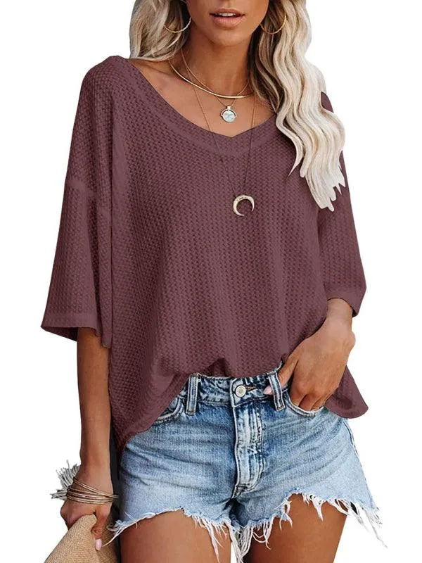 Chic V-Neck Waffle Knit Oversized Tee - Women's Summer Essential Top