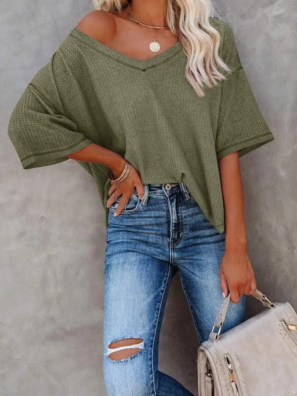 Chic V-Neck Waffle Knit Oversized Tee - Women's Summer Essential Top