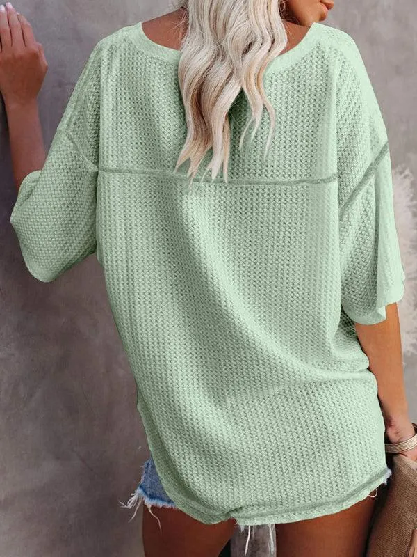 Chic V-Neck Waffle Knit Oversized Tee - Women's Summer Essential Top