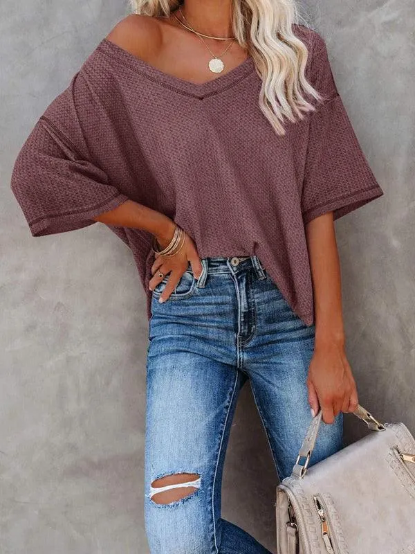 Chic V-Neck Waffle Knit Oversized Tee - Women's Summer Essential Top