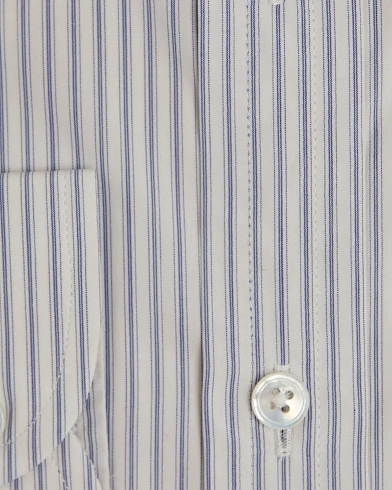 Contemporary Fit, Classic Collar, Two Button Cuff in White & Blue Fine Stripe