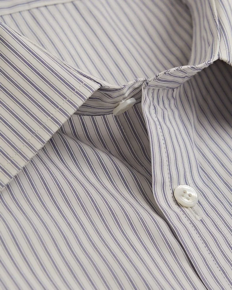 Contemporary Fit, Classic Collar, Two Button Cuff in White & Blue Fine Stripe