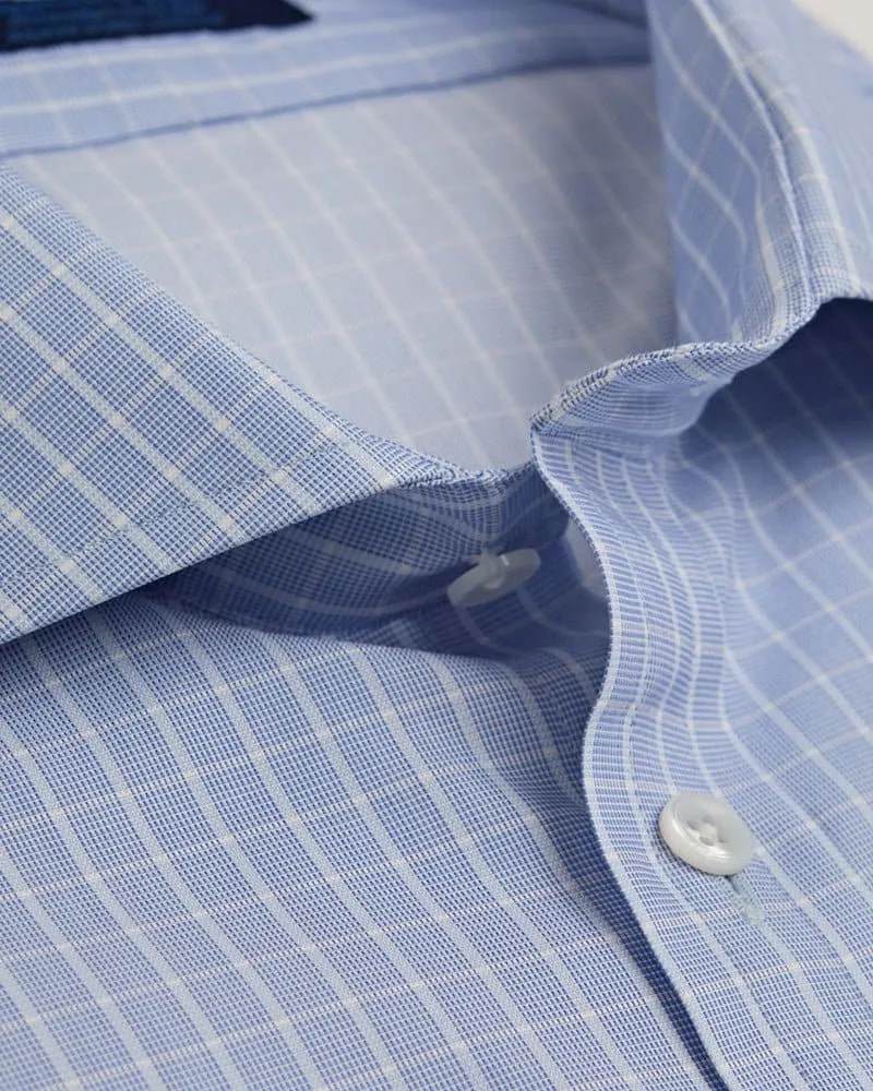 Contemporary Fit, Cut-away Collar, 2 Button Cuff Shirt in a Blue & White Check Twill Cotton