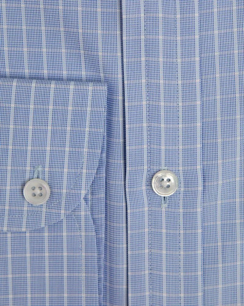 Contemporary Fit, Cut-away Collar, 2 Button Cuff Shirt in a Blue & White Check Twill Cotton