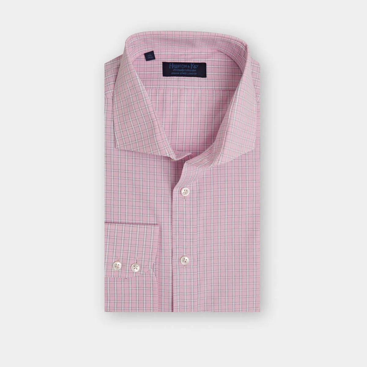 Contemporary Fit, Cut-away Collar, 2 Button Cuff Shirt in a Pink & White Check Poplin Cotton