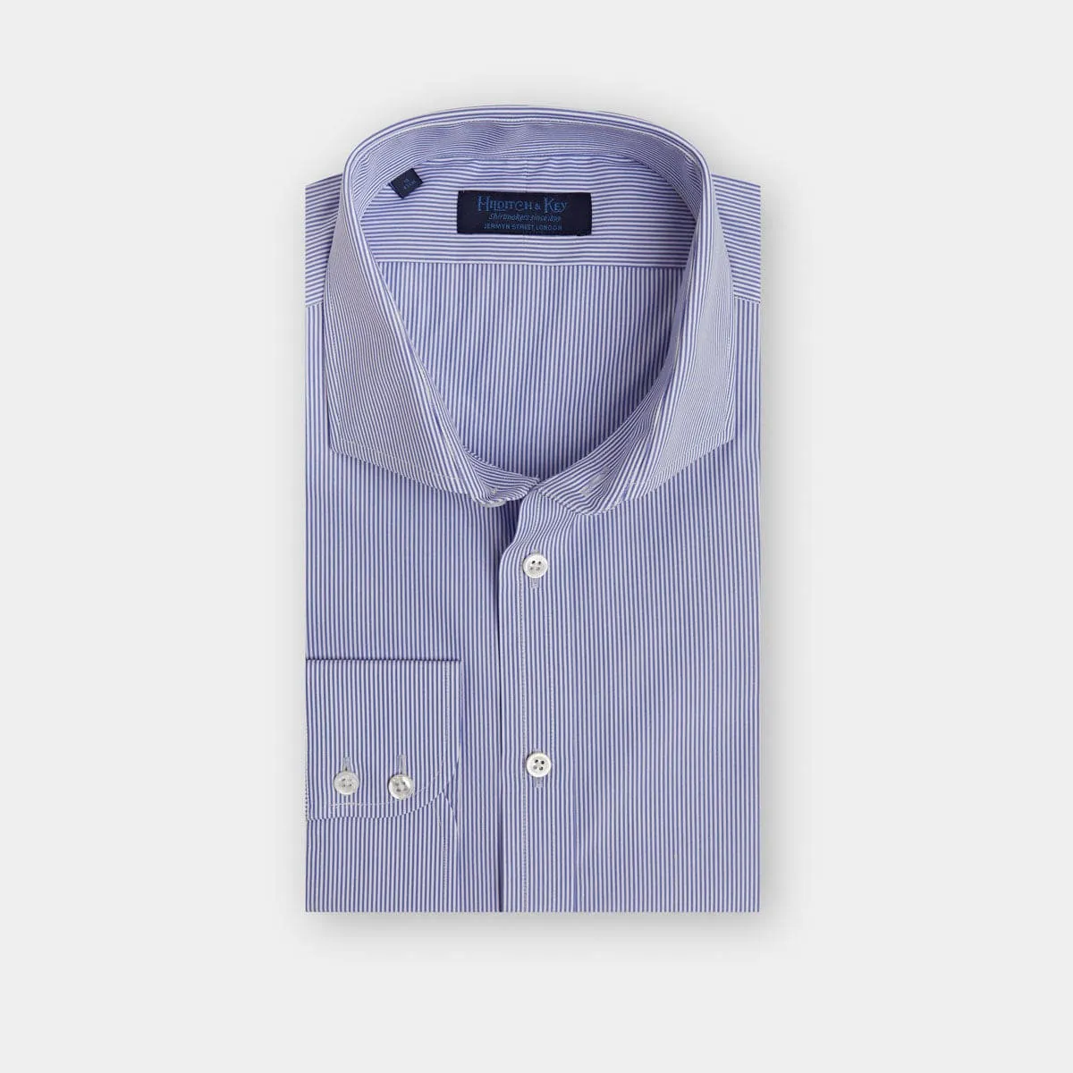 Contemporary Fit, Cutaway Collar, Two Button Cuff Blue Fine Bengal Stripe