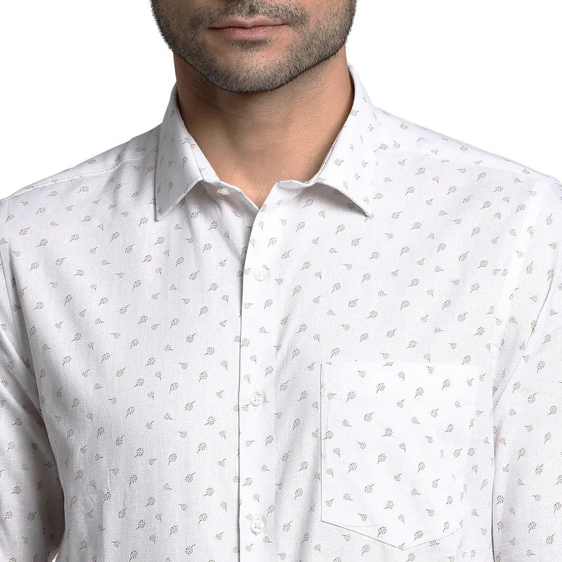 Cotton Linen White Slim Fit Printed Formal Shirts