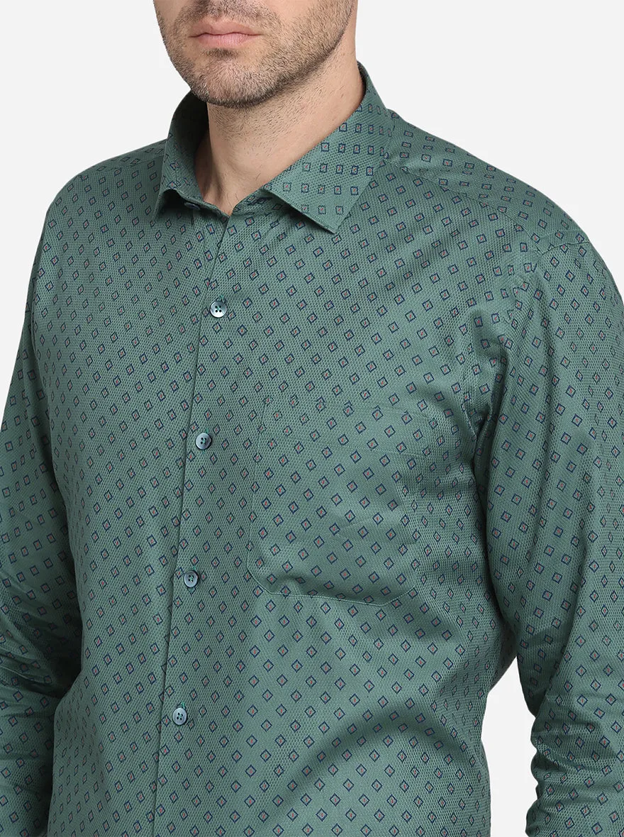 Dark Green Printed Slim Fit Formal Shirt  | Metal