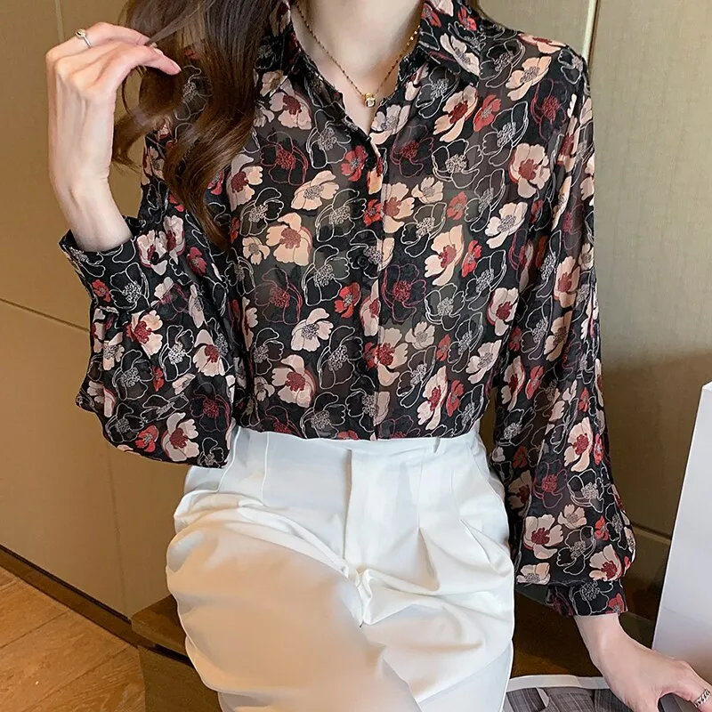 deanwangkt Spring Summer Women's chiffon Blouses New chic printing ladies shirts Long Sleeve Shirts Tops Blusas Mujer