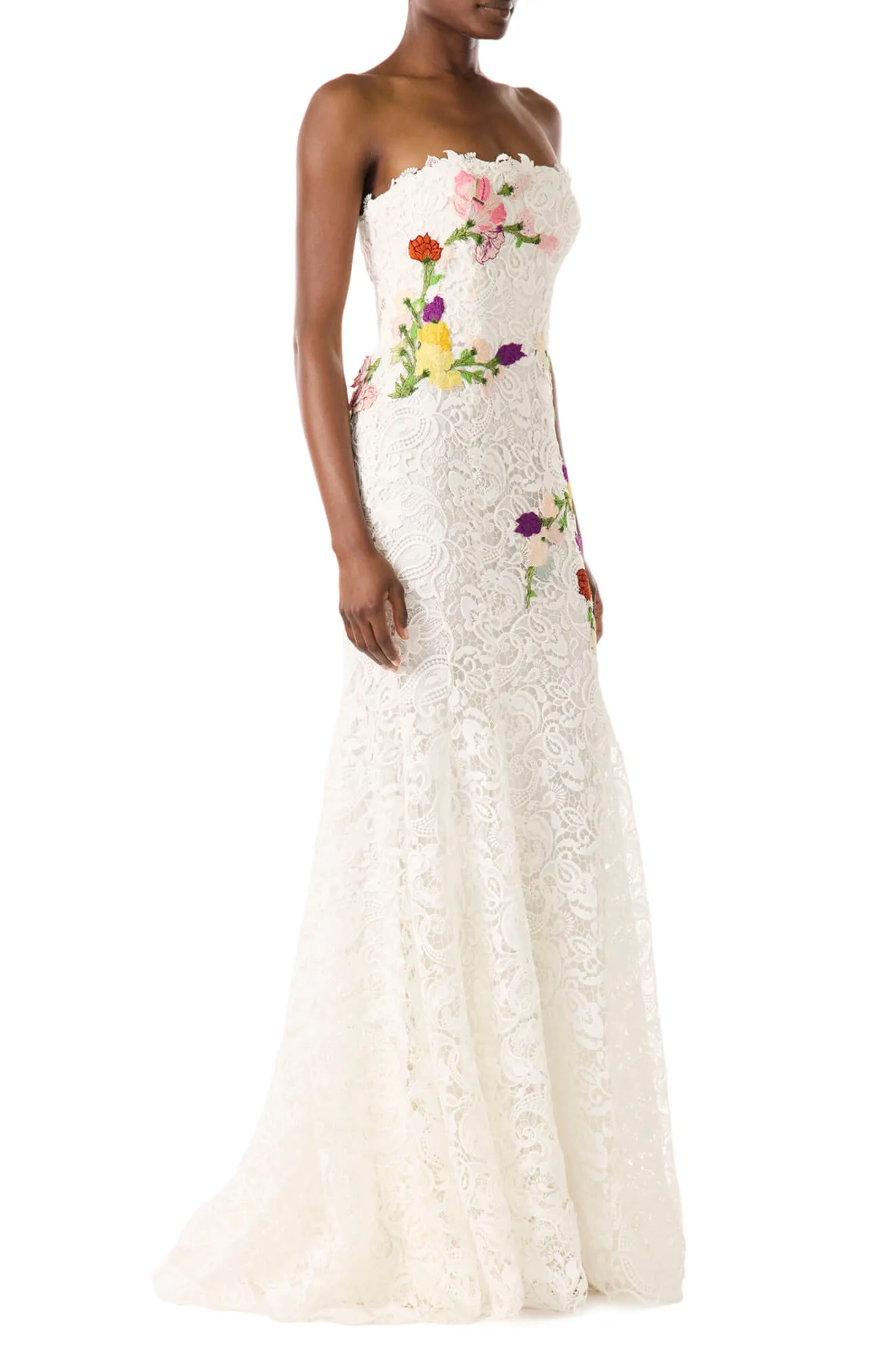 Embroidered Lace Strapless Gown