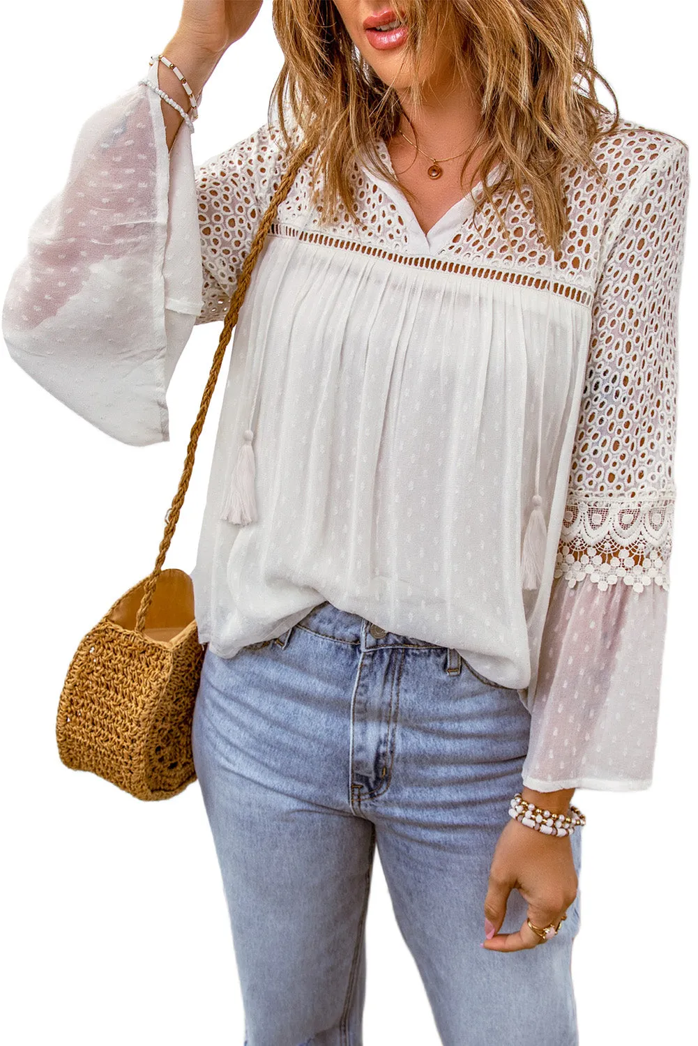 Eyelet Tassel Tie Flare Sleeve Blouse