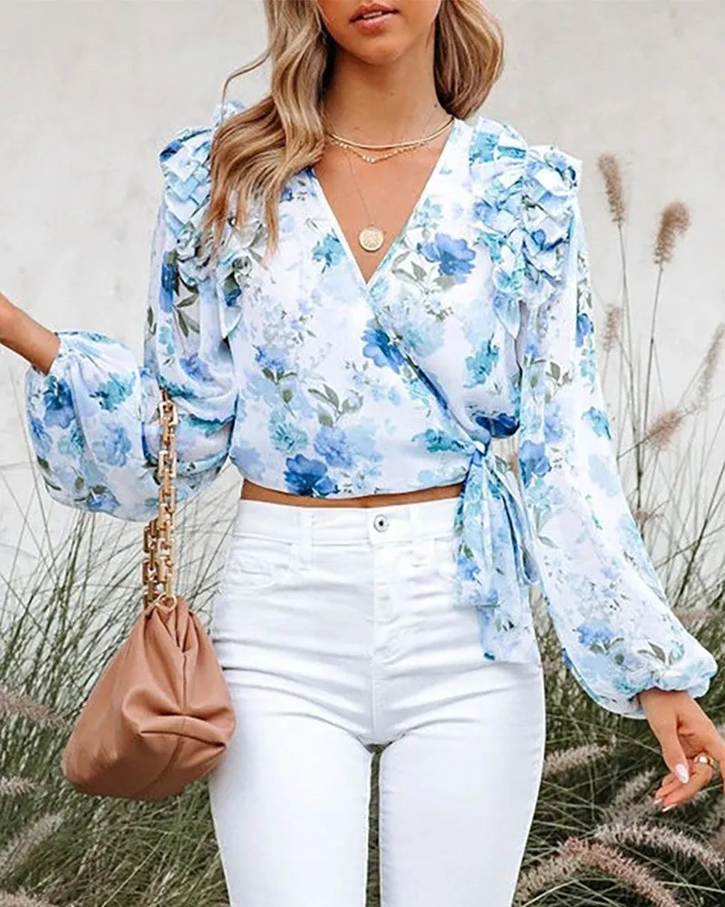 Floral Print Tied Detail Ruffles Ruched Top