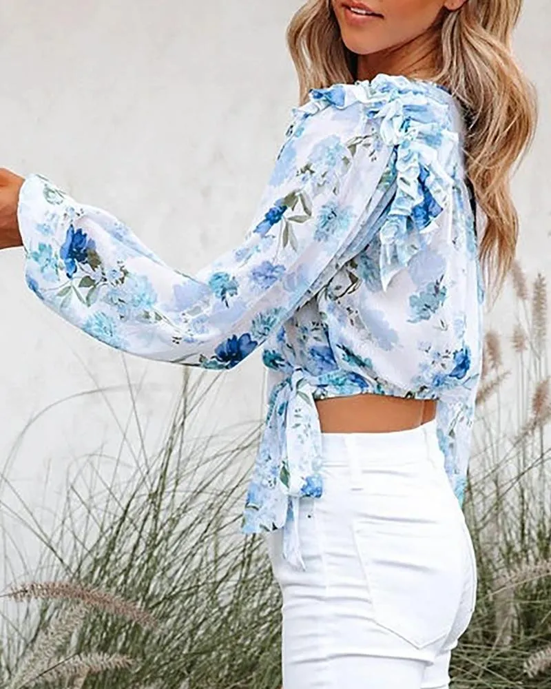 Floral Print Tied Detail Ruffles Ruched Top