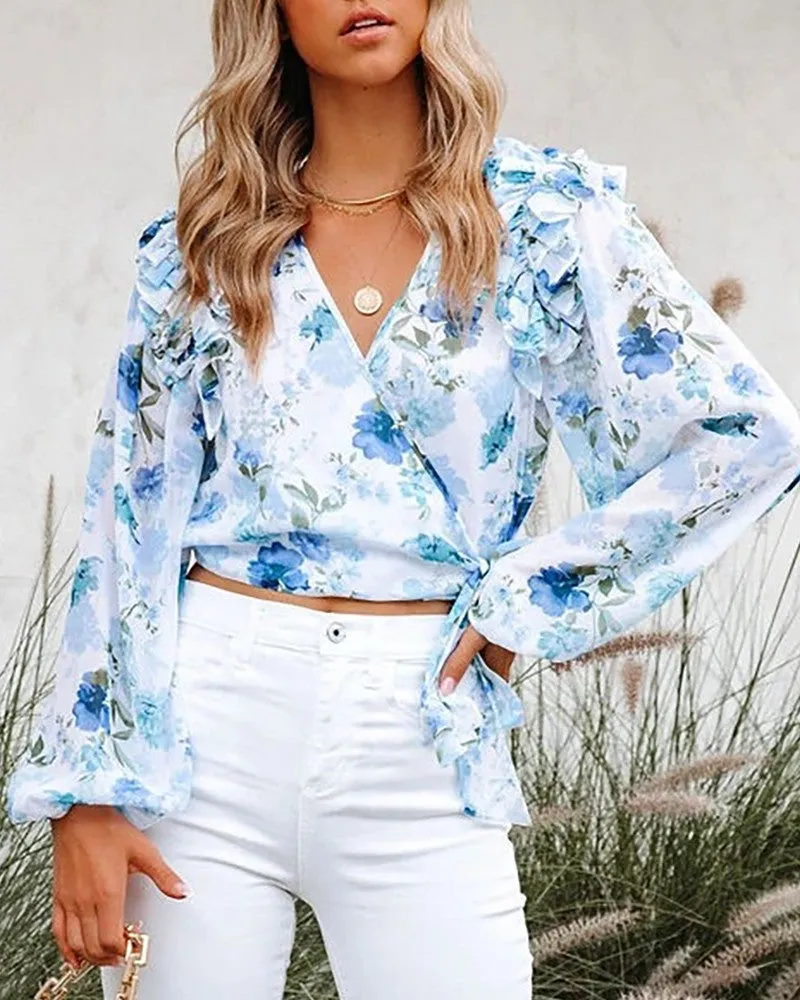 Floral Print Tied Detail Ruffles Ruched Top