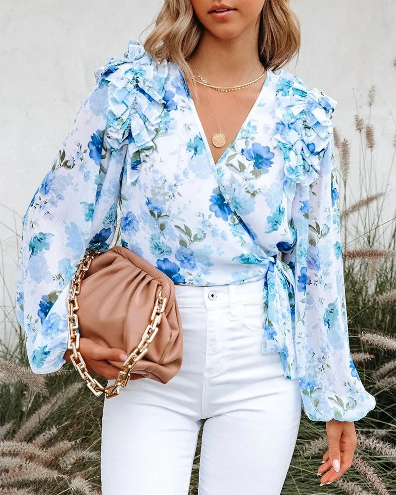 Floral Print Tied Detail Ruffles Ruched Top