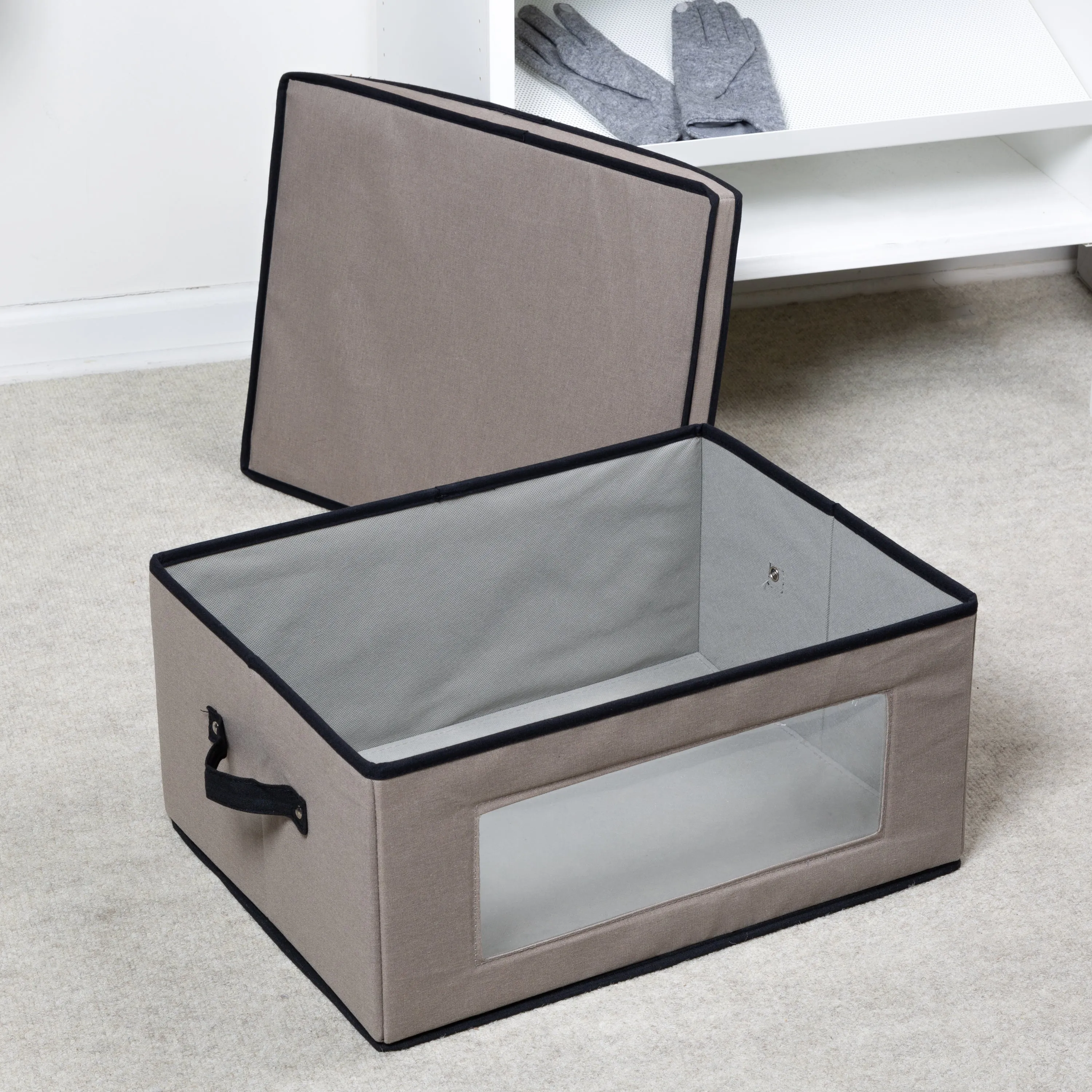 Gray Fabric Closet Storage Box with Lid, Clear-View Window and Removable Dividers