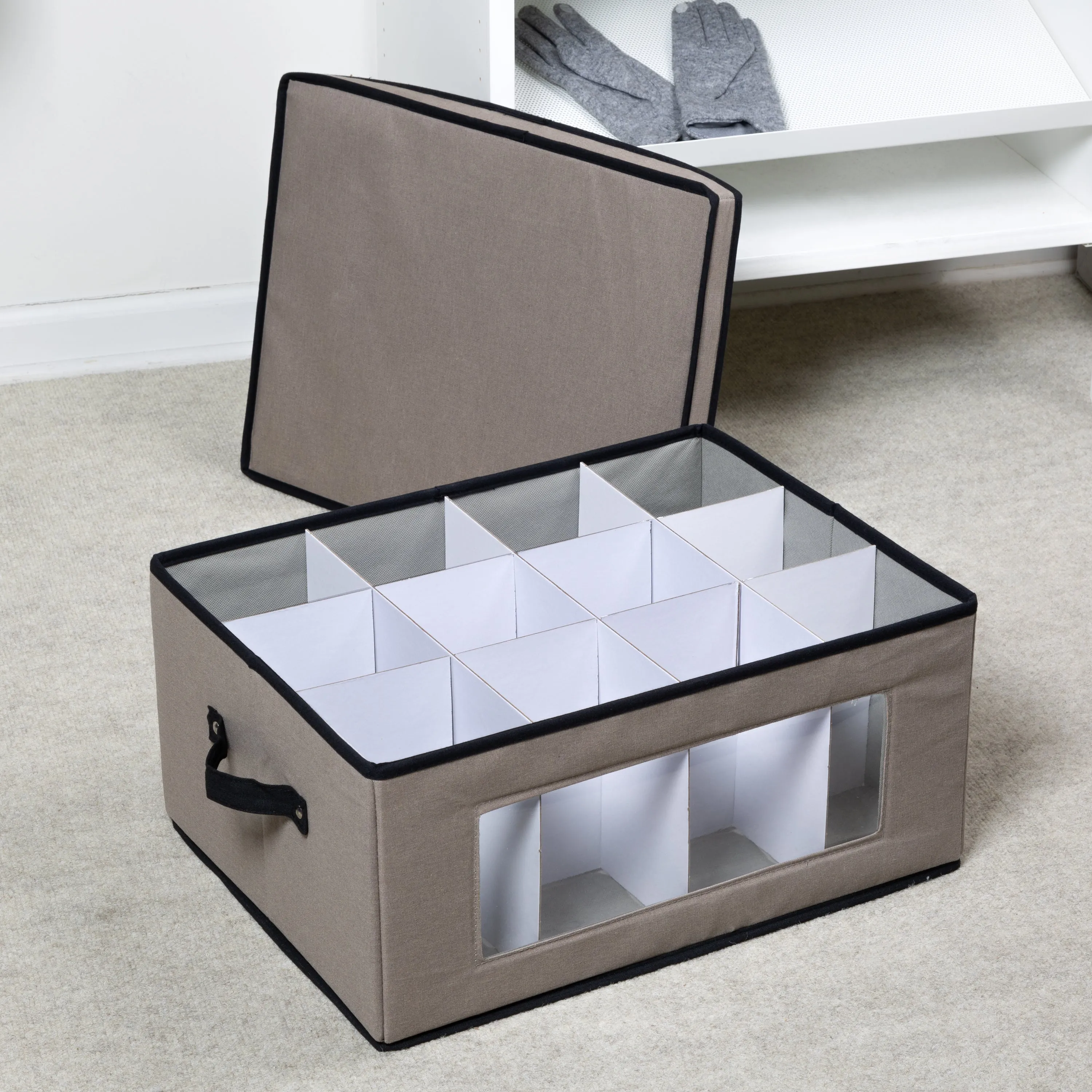 Gray Fabric Closet Storage Box with Lid, Clear-View Window and Removable Dividers