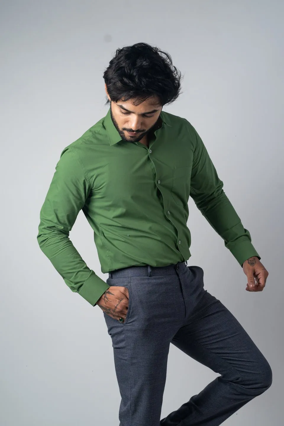 Green Color Lycra Twill Cotton Shirt For Men