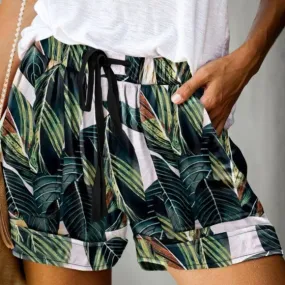 Green Leaves Drawstring Pocketed Shorts