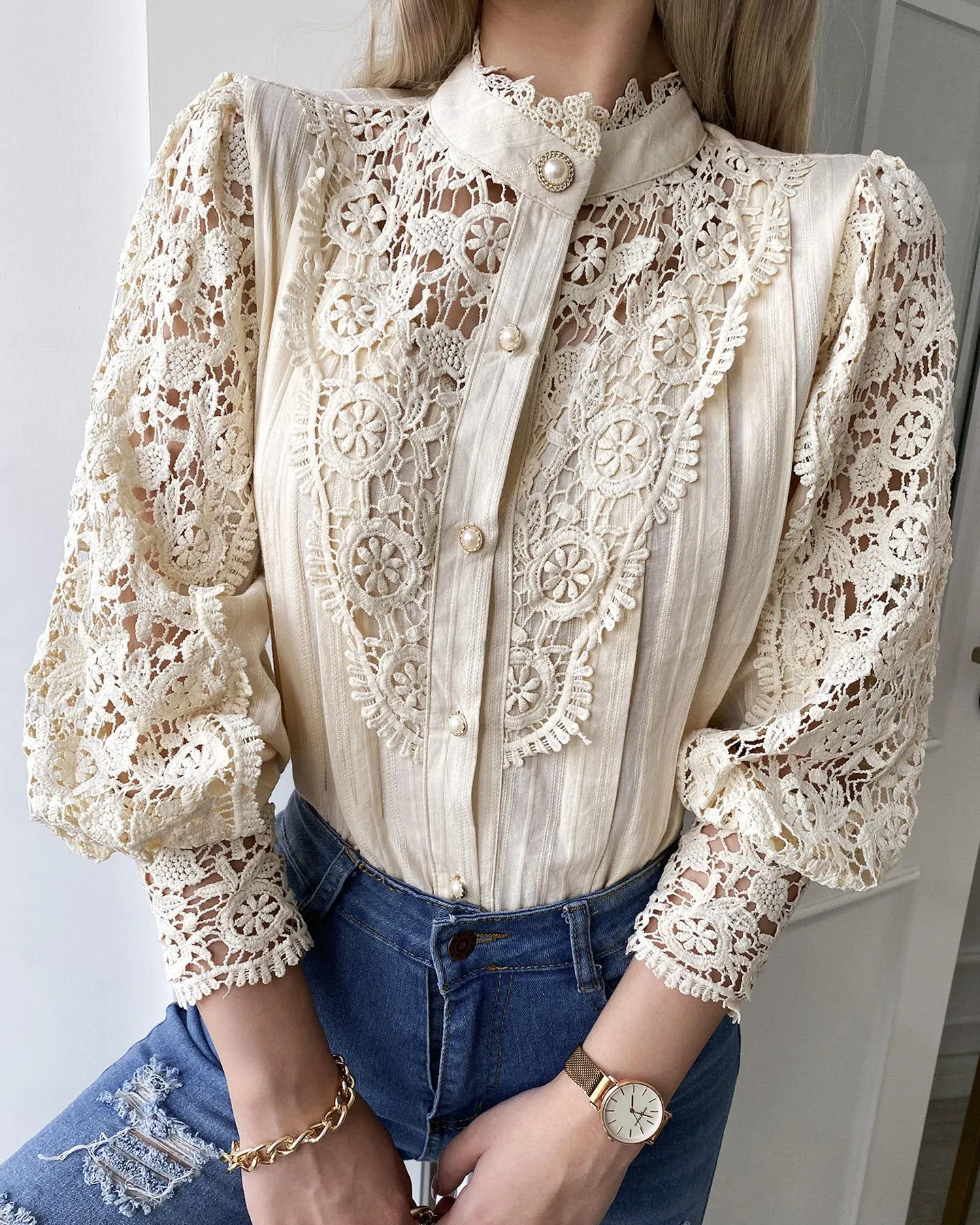 Guipure Lace Lantern Sleeve Button Design Top