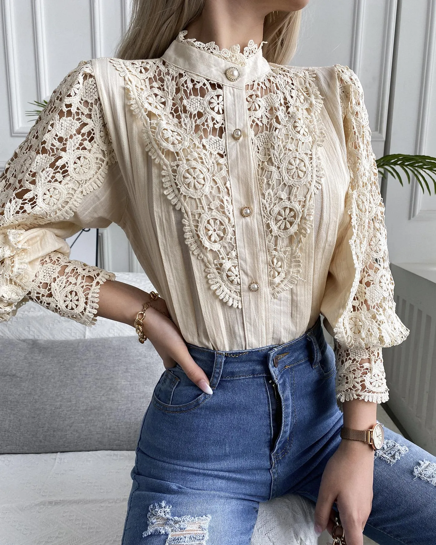 Guipure Lace Lantern Sleeve Button Design Top