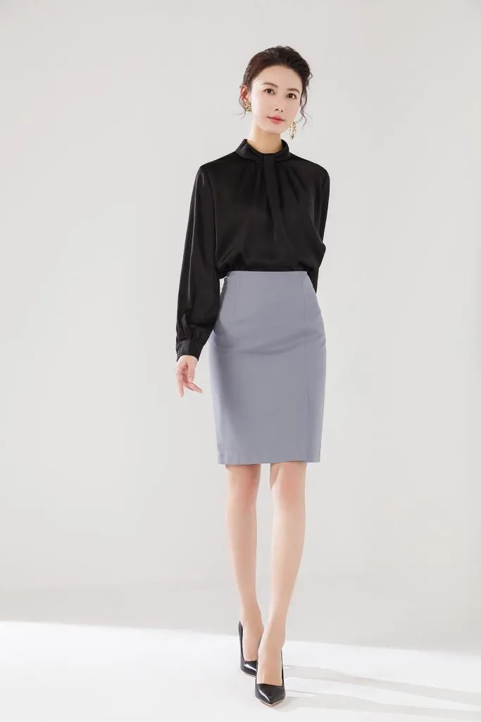 Meliora Long-Sleeved Satin Black Blouse