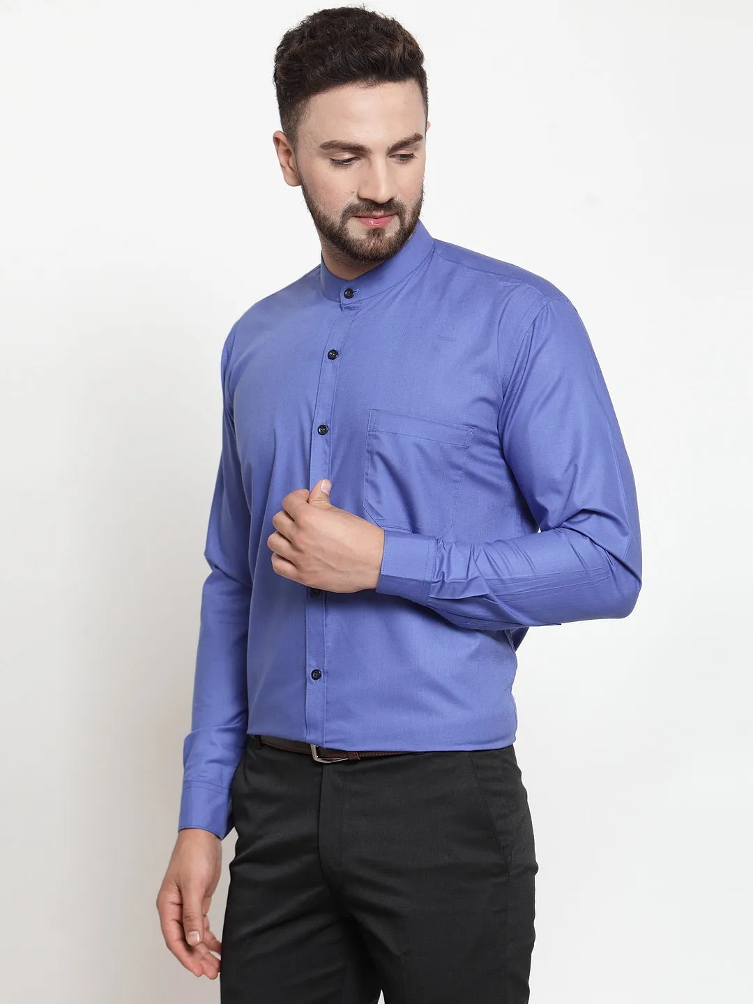 Men's Blue Cotton Solid Mandarin Collar Formal Shirts ( SF 726Royal-Blue ) - Jainish