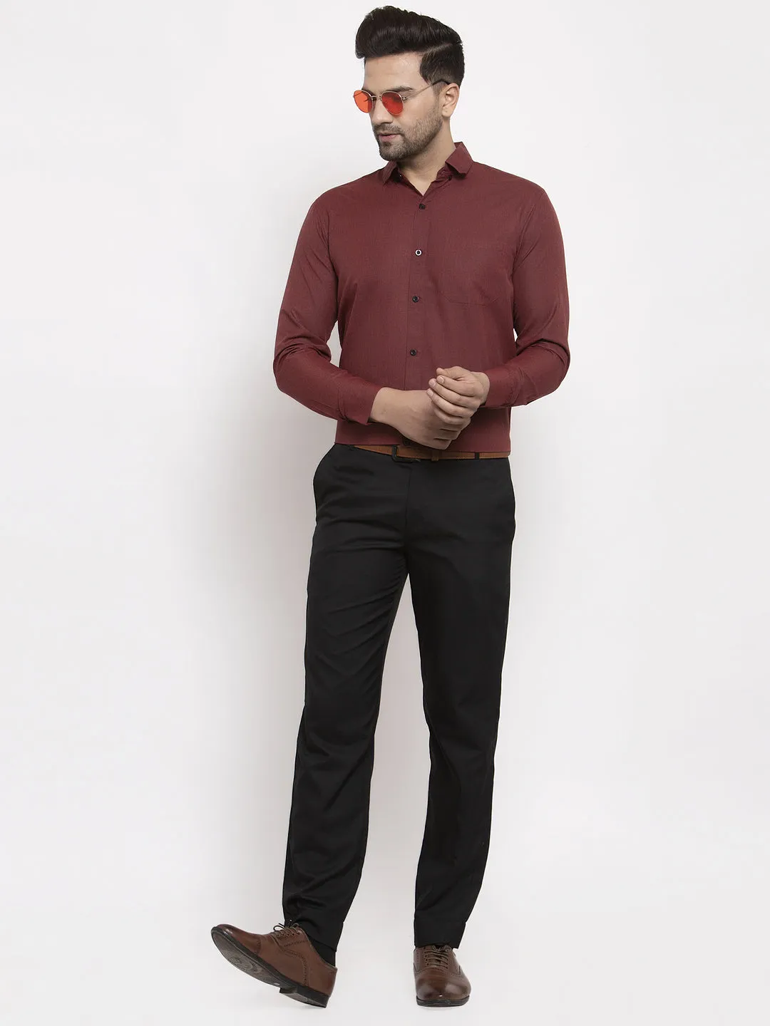 Men's Maroon Cotton Solid Button Down Formal Shirts ( SF 734Maroon ) - Jainish