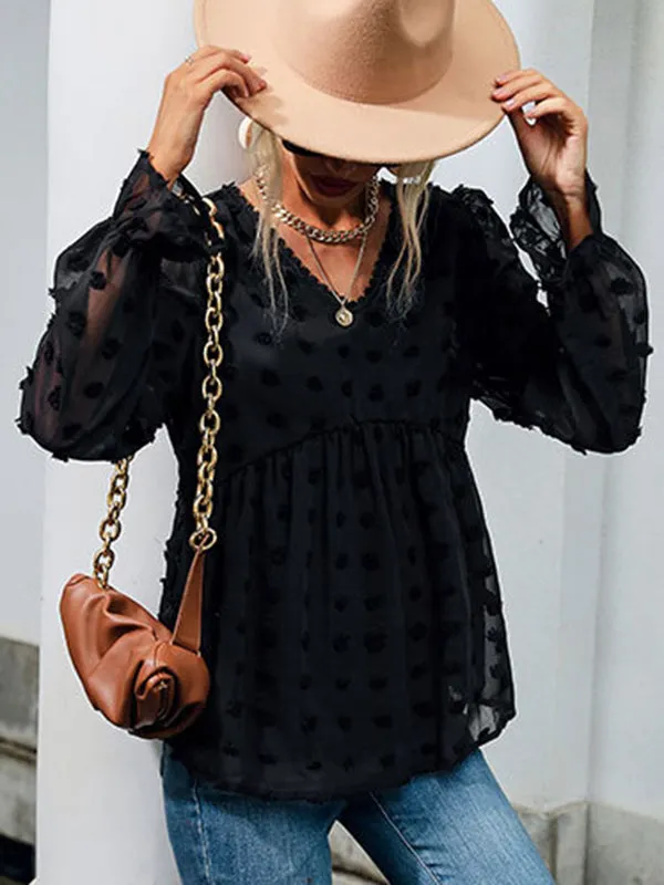 Momnfancy Black Falbala Polka Dot Grenadine Chiffon Daily Fashion Modern Chic Maternity Blouse