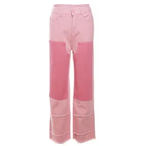 Patchwork Straight Leg Jeans for Women (Pink/Green)