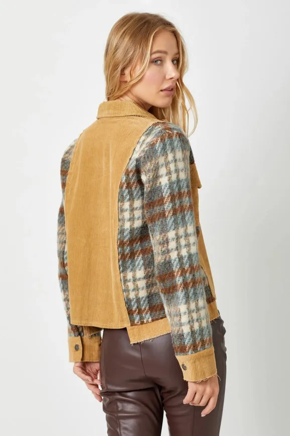 Plaid Sleeve Corduroy Jacket Camel