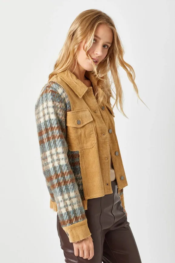 Plaid Sleeve Corduroy Jacket Camel