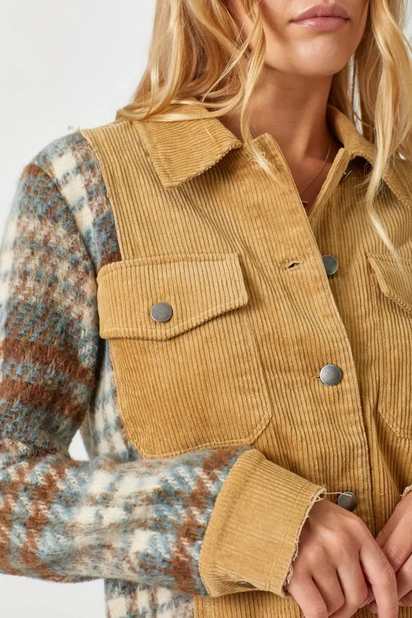 Plaid Sleeve Corduroy Jacket Camel