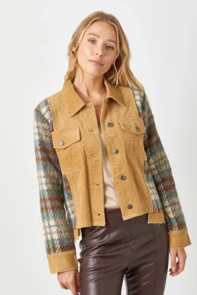 Plaid Sleeve Corduroy Jacket Camel