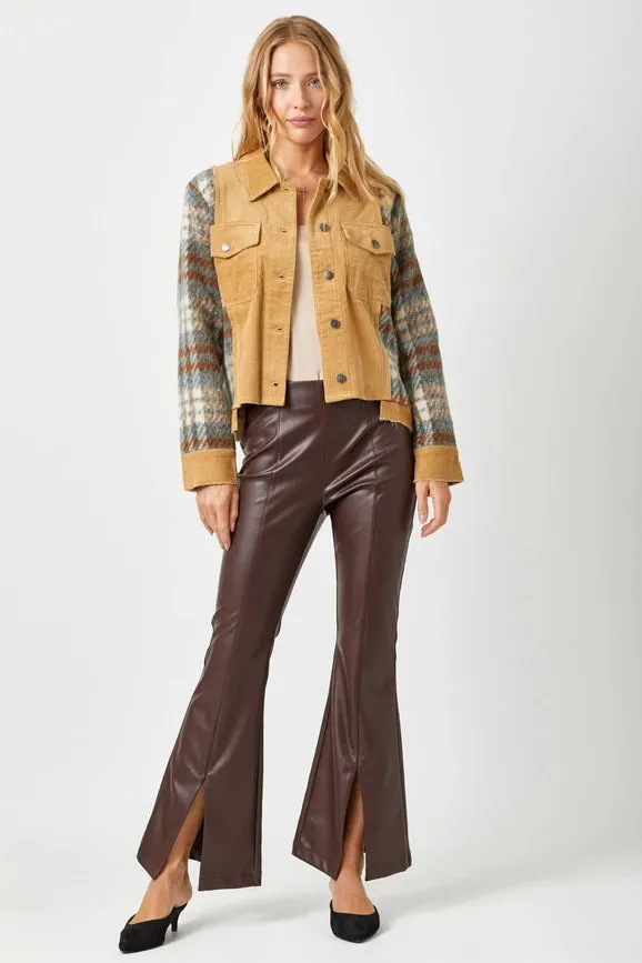 Plaid Sleeve Corduroy Jacket Camel