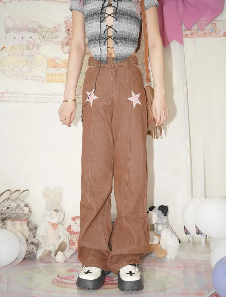 Retro Y2k Trendy Pink Stars Brown Long Pants