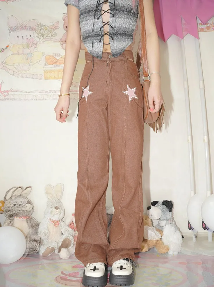 Retro Y2k Trendy Pink Stars Brown Long Pants