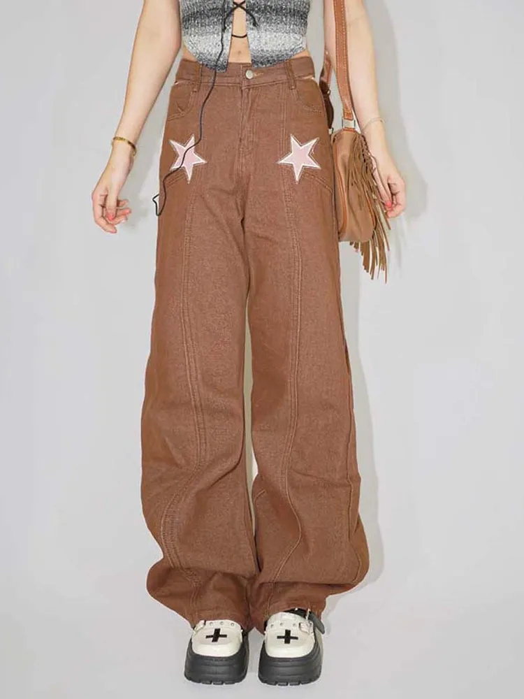 Retro Y2k Trendy Pink Stars Brown Long Pants