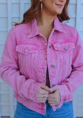 Showstopper Crop Denim Jacket- Pink