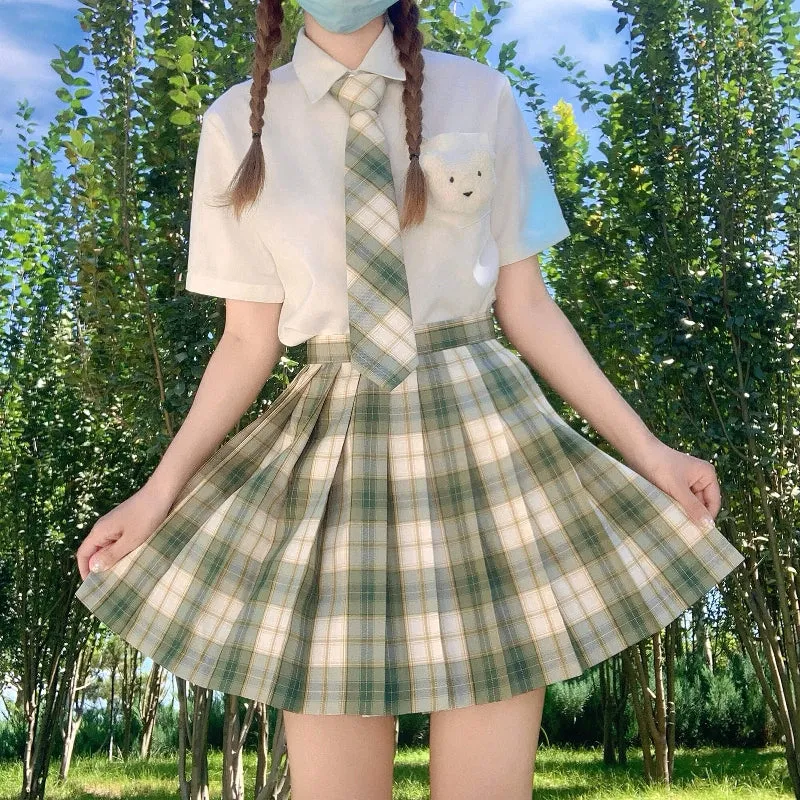 [Skirt / Bow] JK Matcha-Green plaid uniform skirt