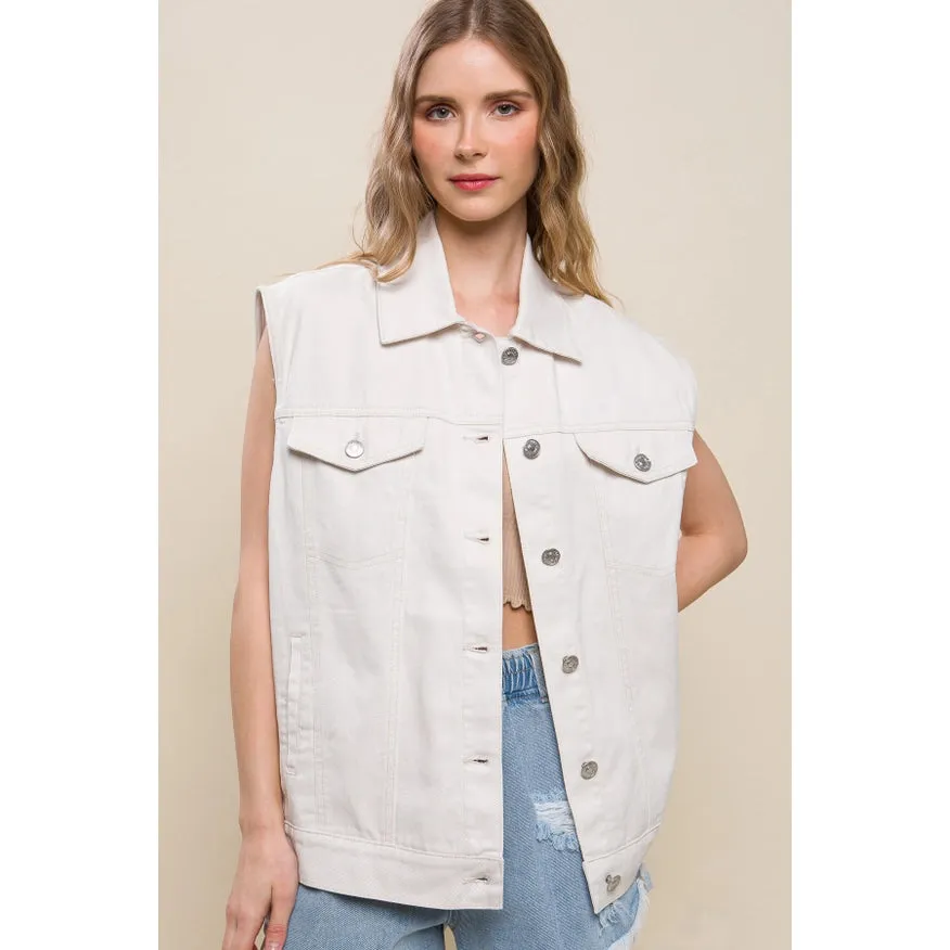 Sleeveless Boxy Fit Denim Jacket Stone