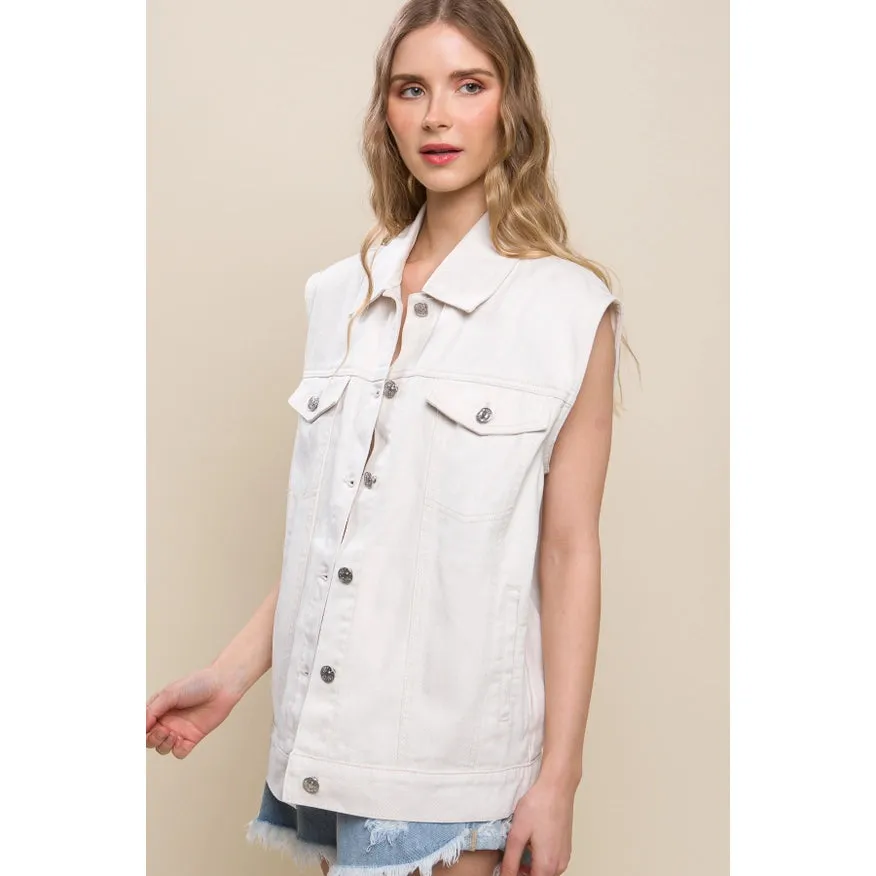 Sleeveless Boxy Fit Denim Jacket Stone