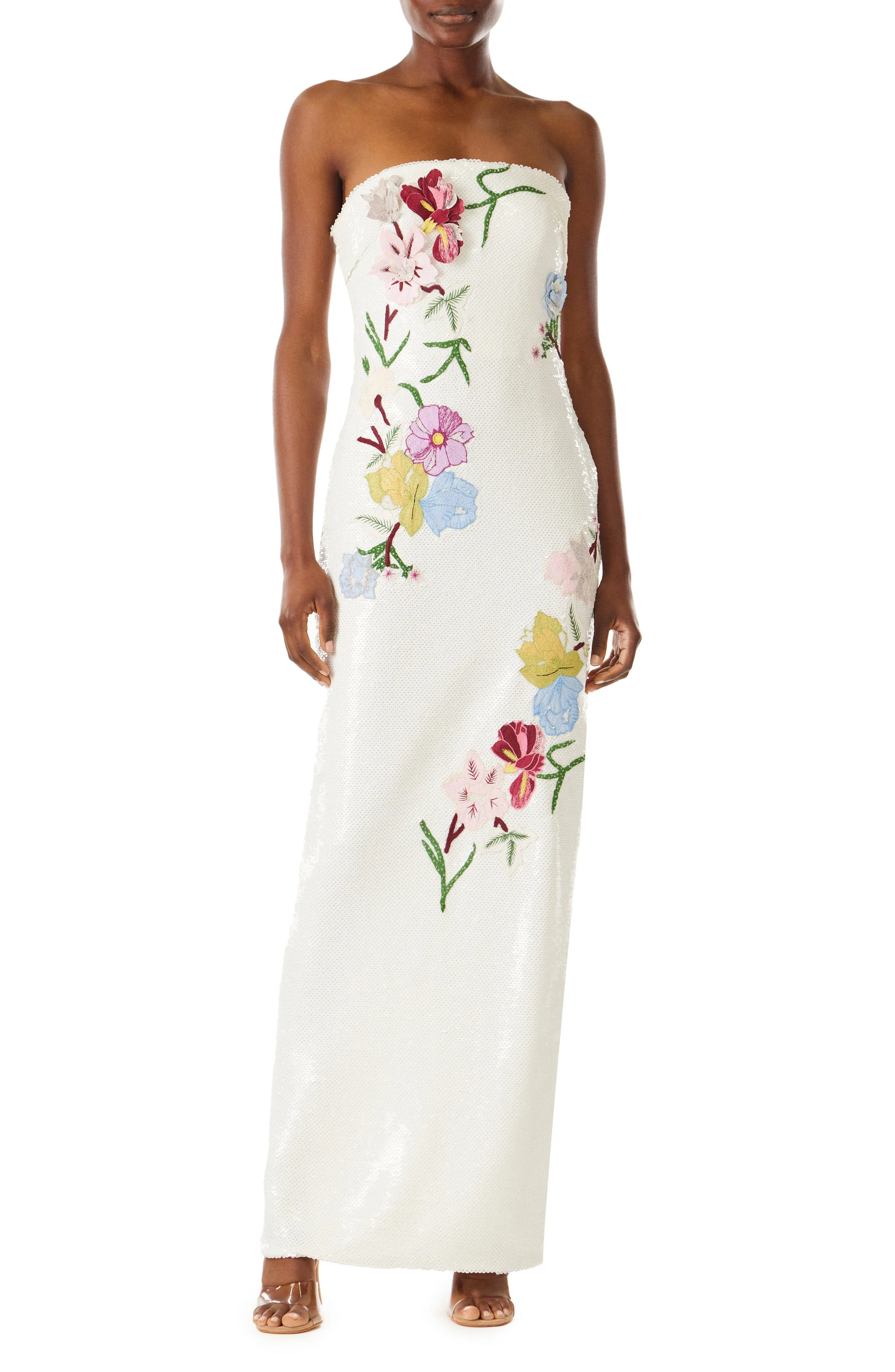 Strapless Embroidered Sequin Column Gown