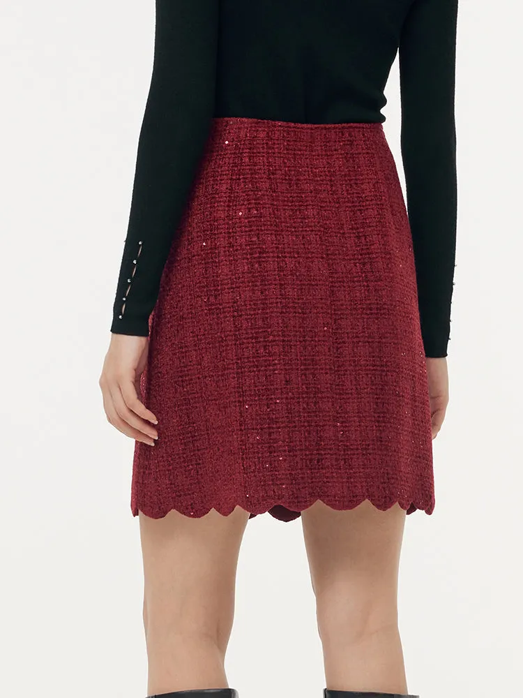 Tweed Sequins Women Scallop Hem Mini Skirt