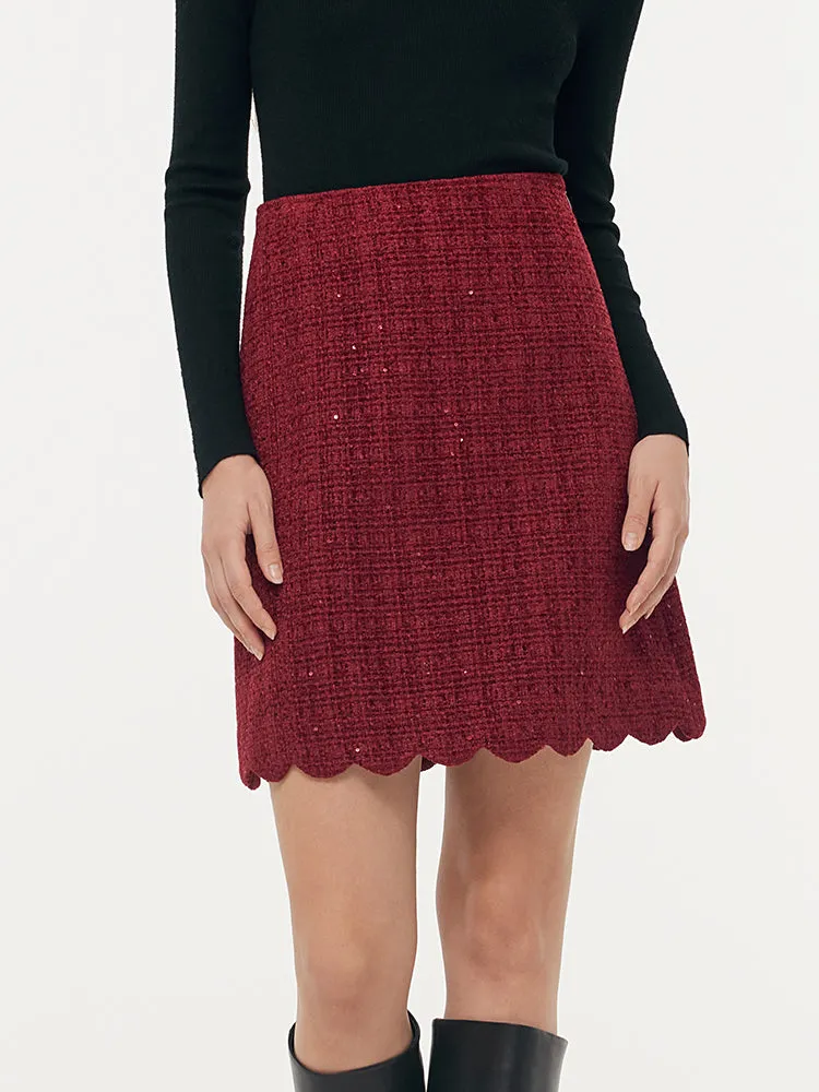 Tweed Sequins Women Scallop Hem Mini Skirt