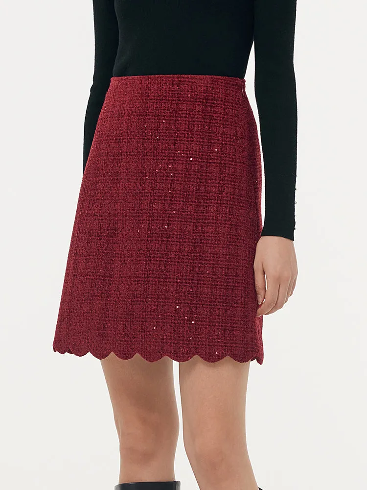 Tweed Sequins Women Scallop Hem Mini Skirt