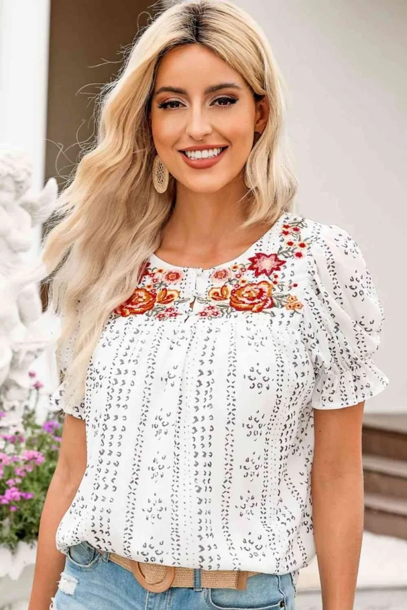 Whispering Winds Short Sleeve Embroidery Blouse